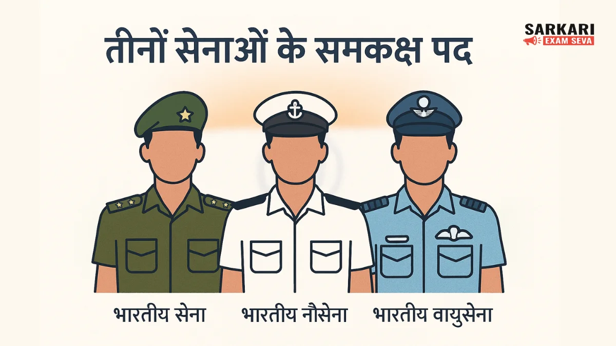 तीनों सेनाओं के समकक्ष पद, Indian Army Navy Air Force Equivalent Ranks, भारतीय थल सेना नौसेना वायुसेना रैंक, Field Marshal Admiral Marshal of the Air Force, Army Navy Air Force Ranks in Hindi, थल सेना नौसेना वायुसेना समकक्ष पद, Indian Defence Ranks in Hindi, Highest Rank in Indian Army Navy Air Force, Equivalent Ranks of Indian Armed Forces, भारतीय सेनाओं के पद और रैंक